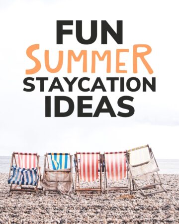 Row of colourful beach chairs lined up at the beach with text overlay "Fun Summer Staycation Ideas"