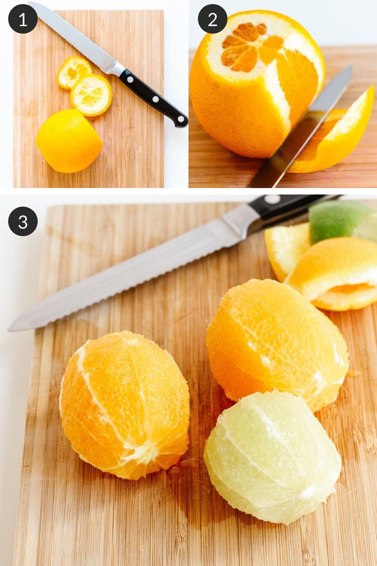 Photo collage showing how to de-pith citrus.