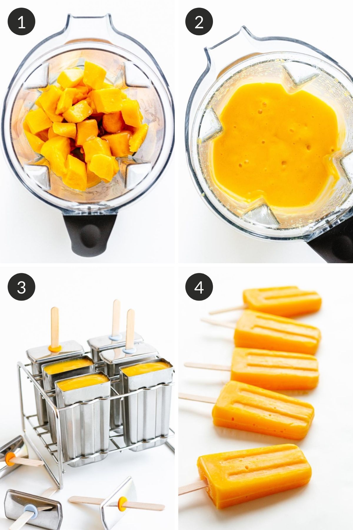 Photo collage showing step by step how to make mango popsicles.