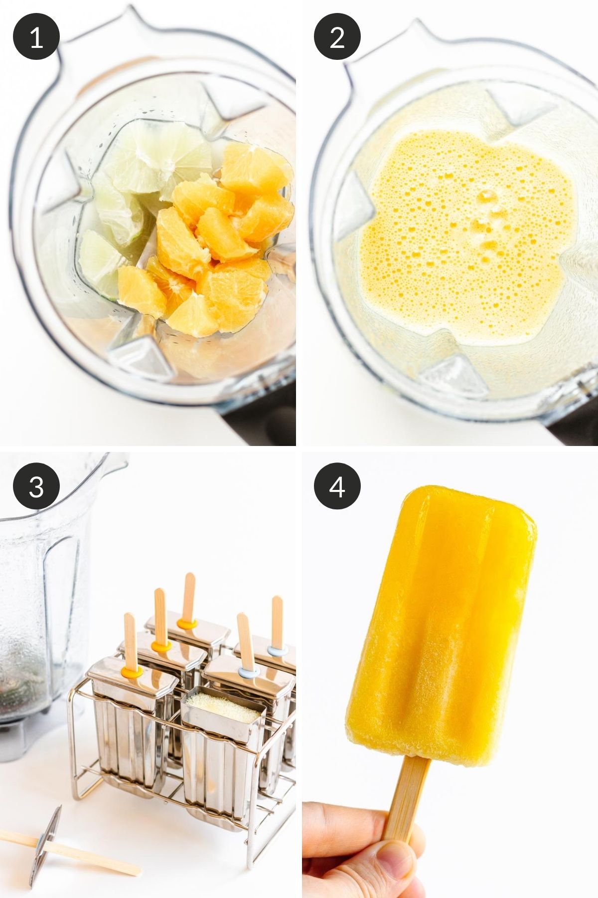 Photo collage showing how to make orange lemon lime popsicles step by step.