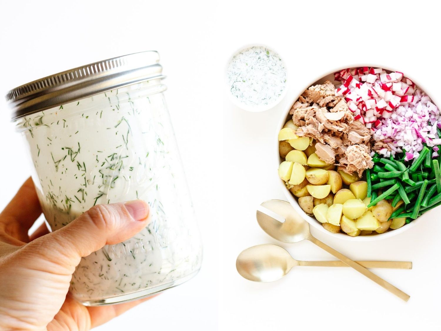 Collage of photos showing dill buttermilk dressing in a mason jar and overheard shot of tuna potato salad before it is mixed together.