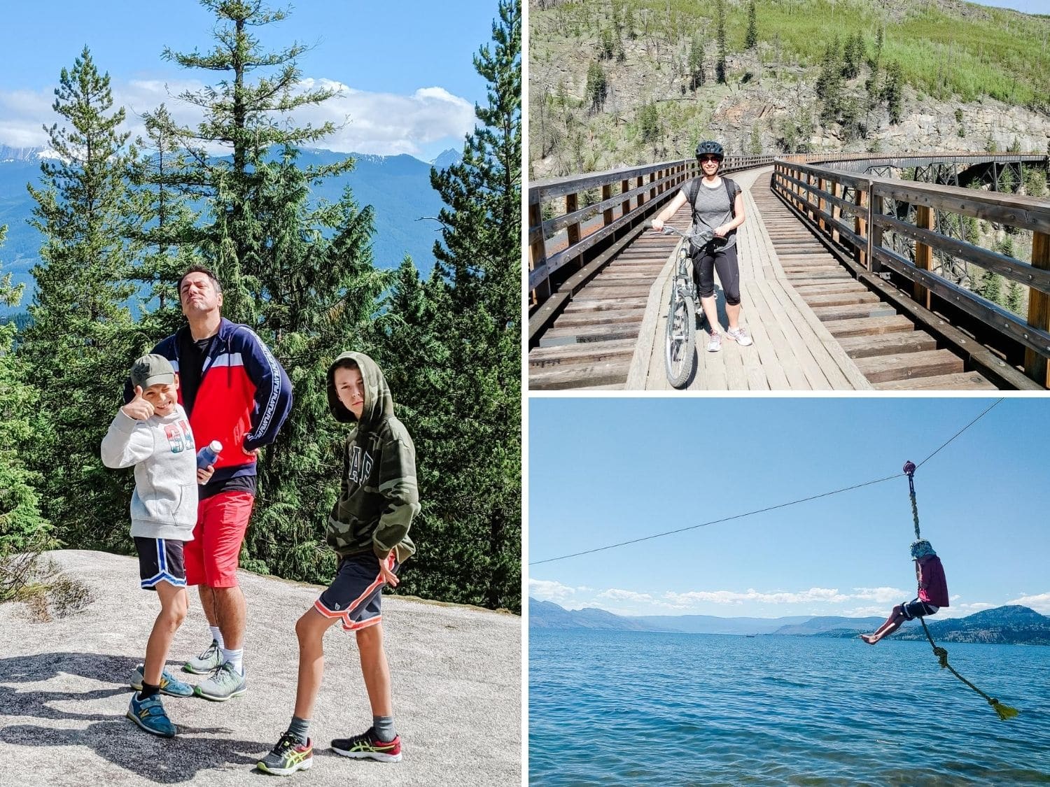 Collage of photos showing hiking, biking and ziplining on the lake.