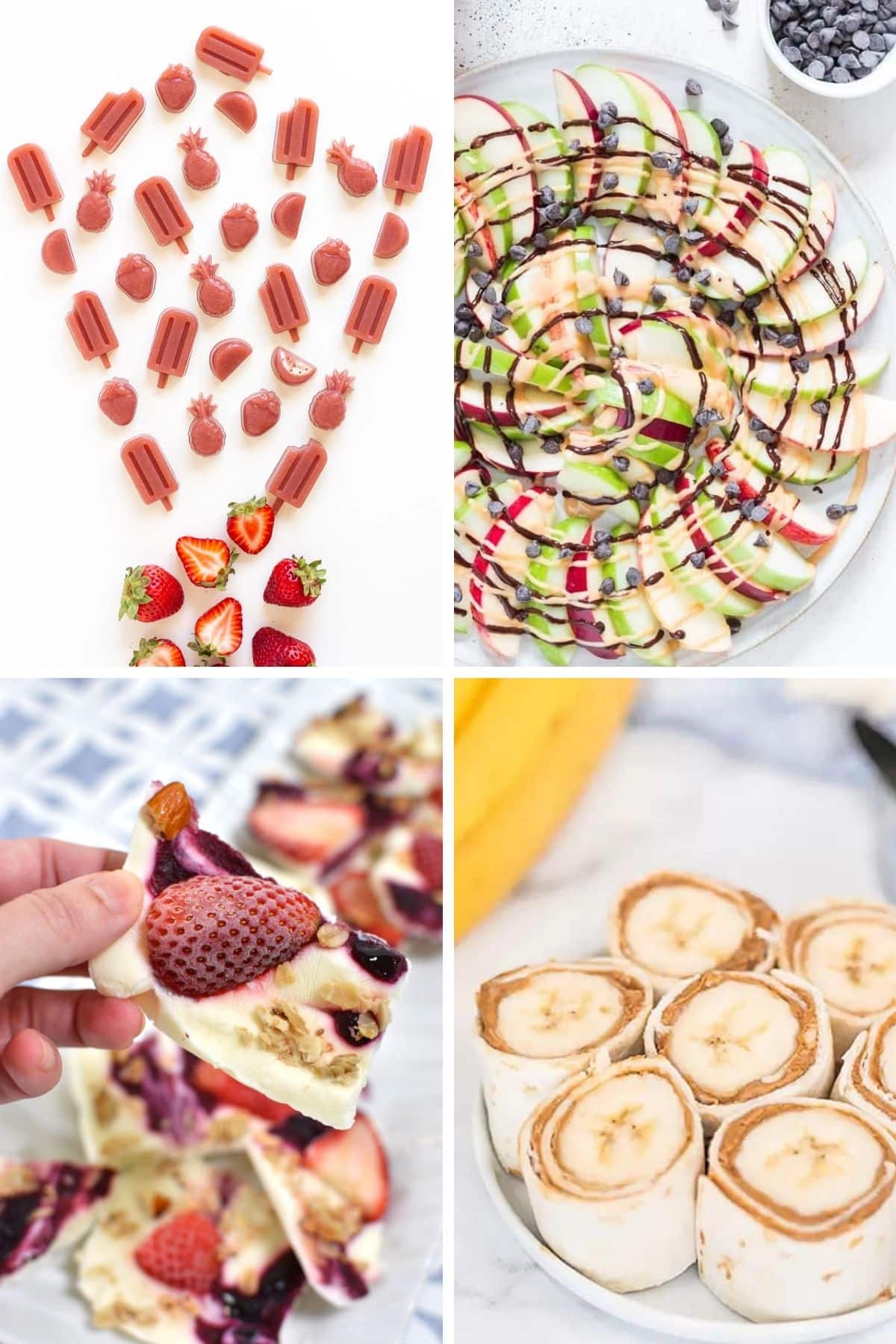 Collage of fun fruit based snacks for kids.