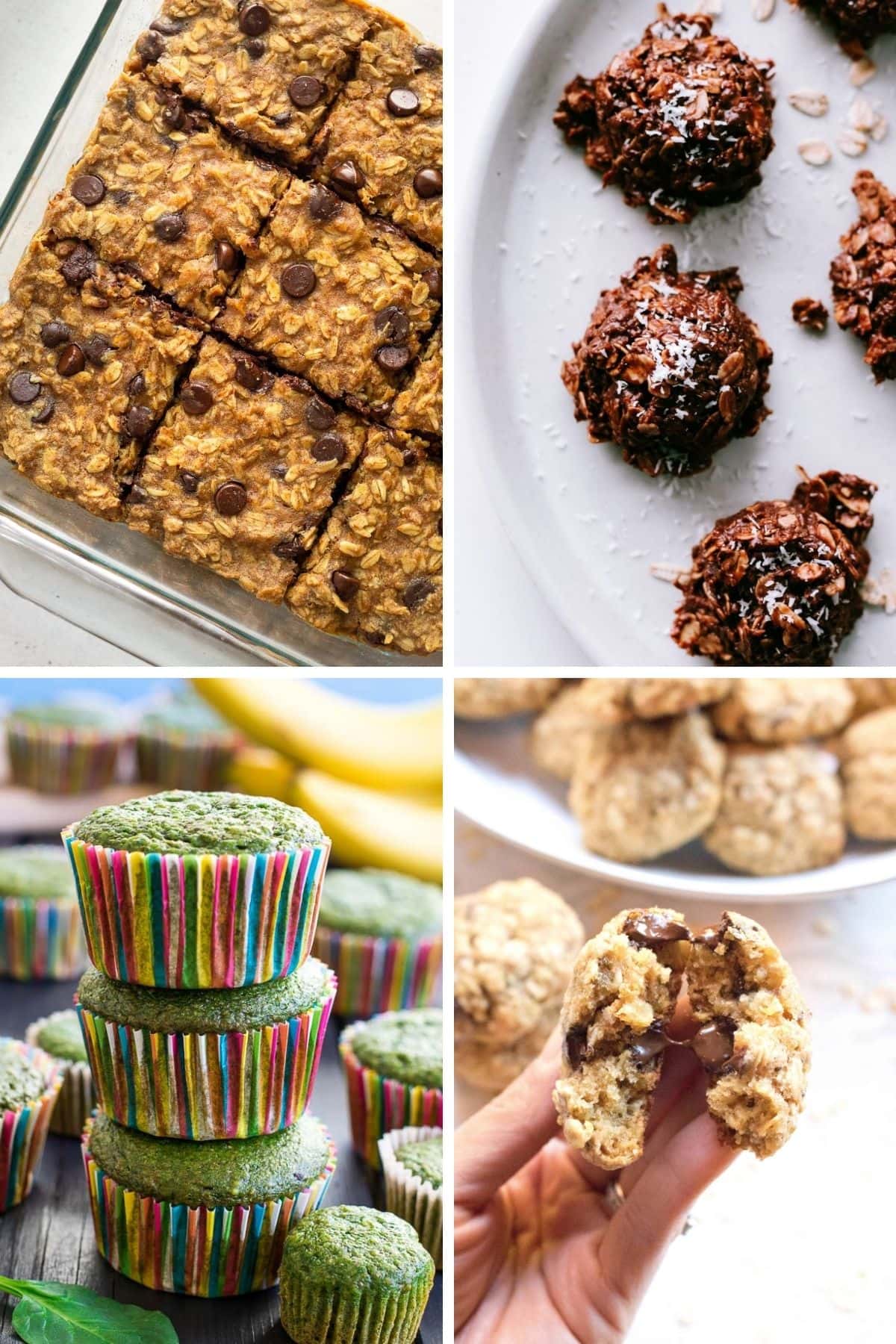 Collage of healthy cookies, bars and muffins.