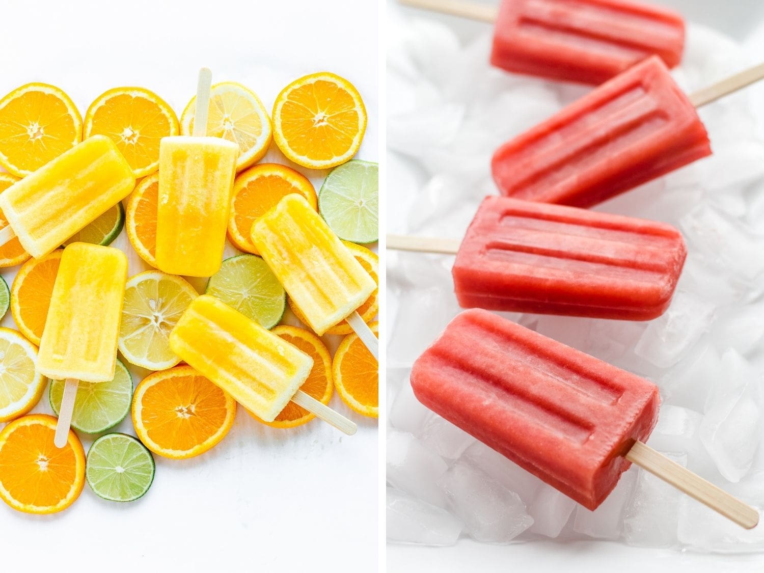 Collage of homemade fruit popsicles.