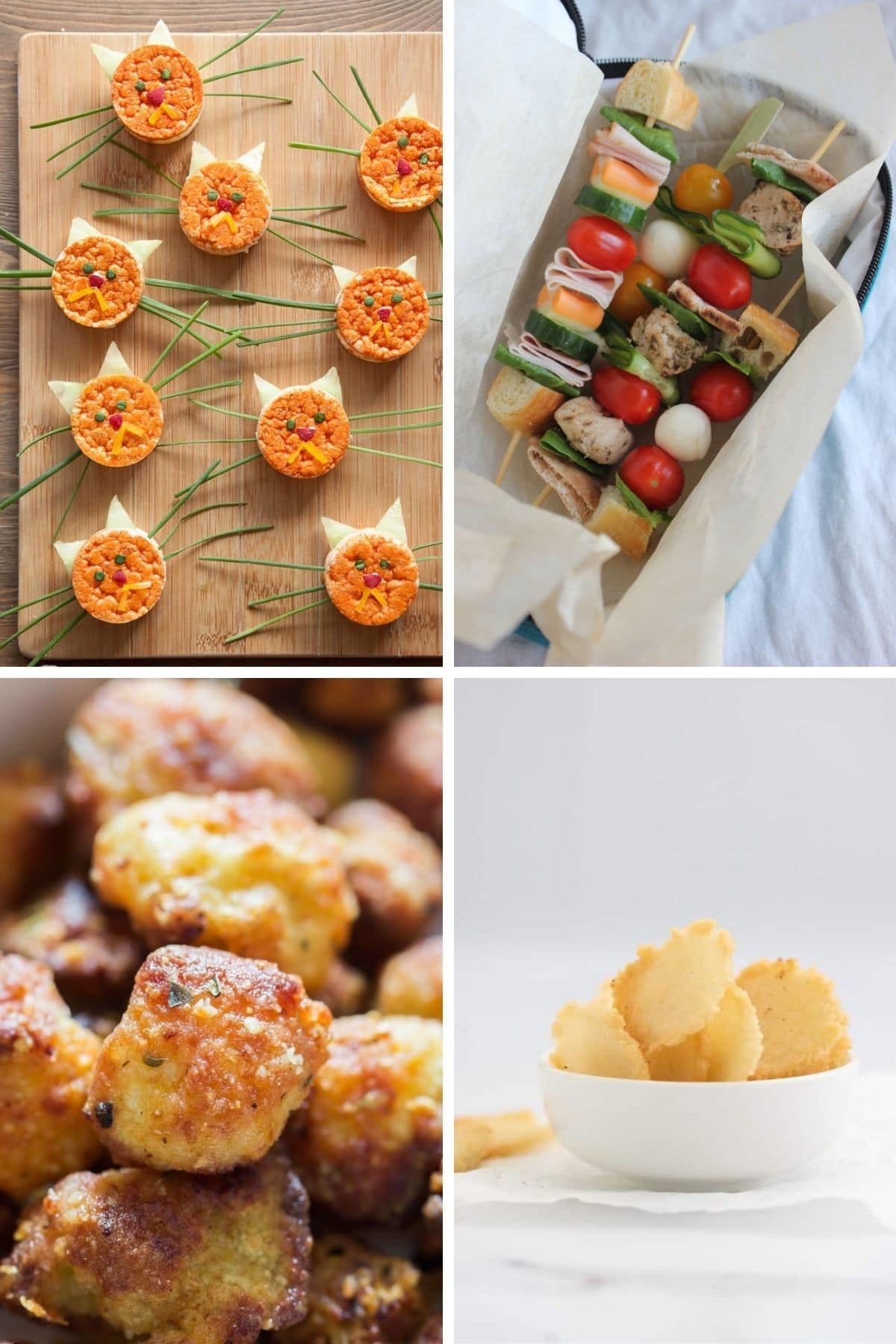Collage of fun healthy savoury snacks for kids.