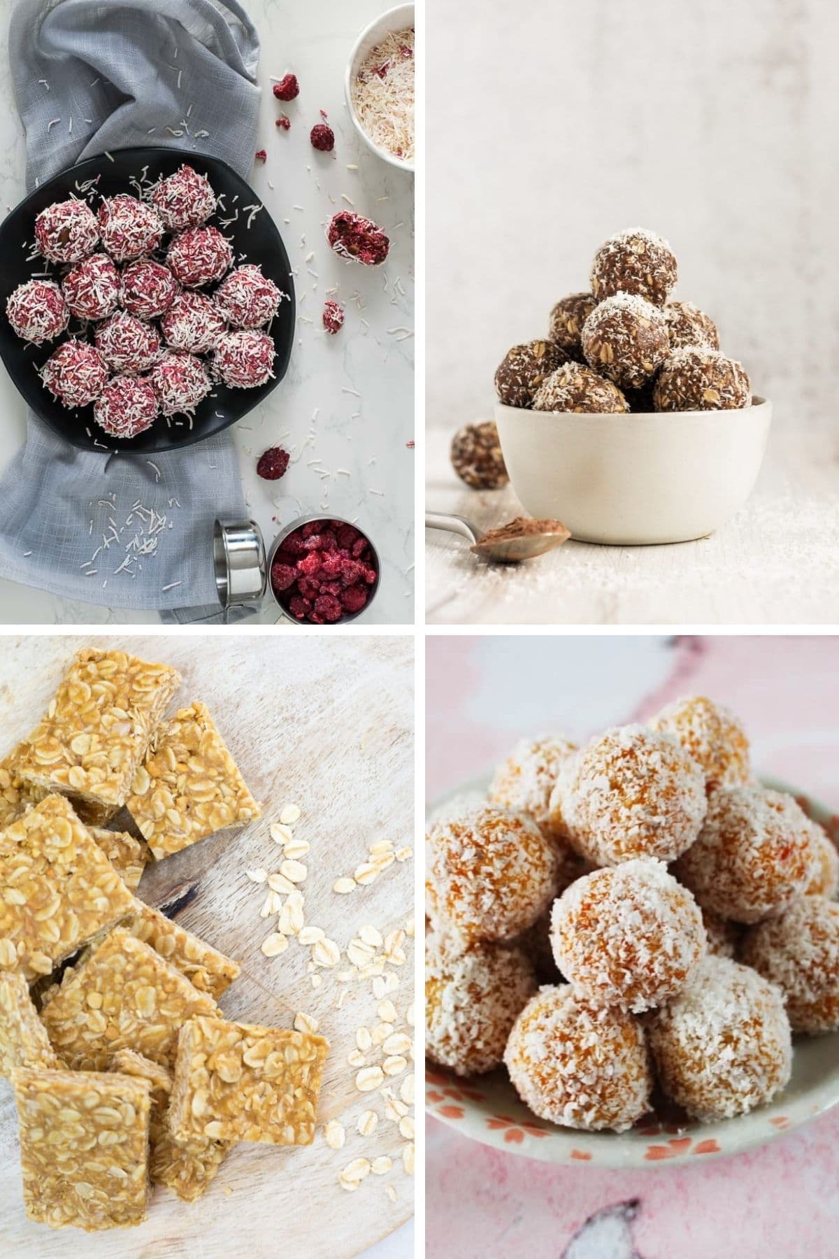 Collage of healthy no bake balls and bars.