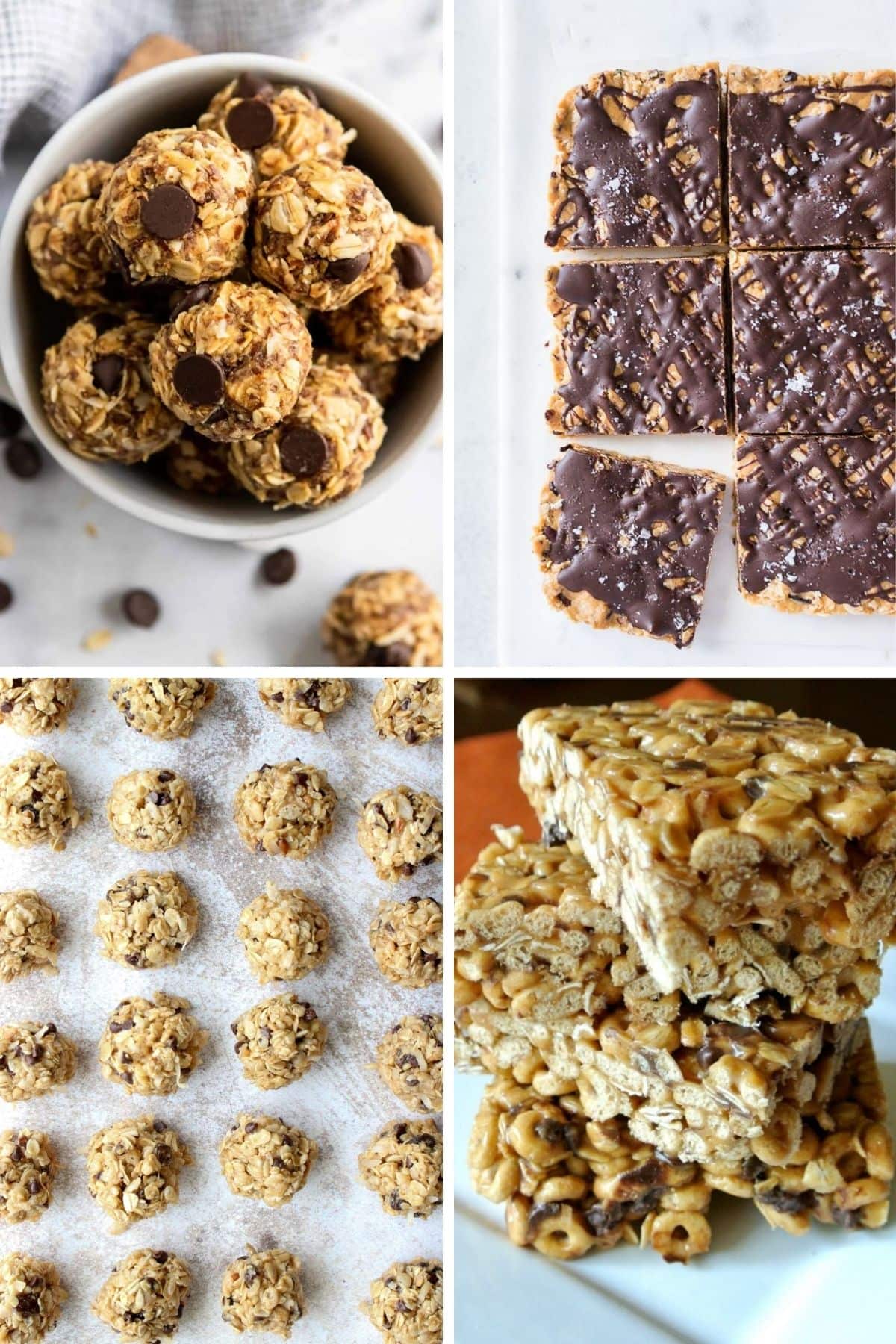 Collage of healthy no bake bars, balls and bites.