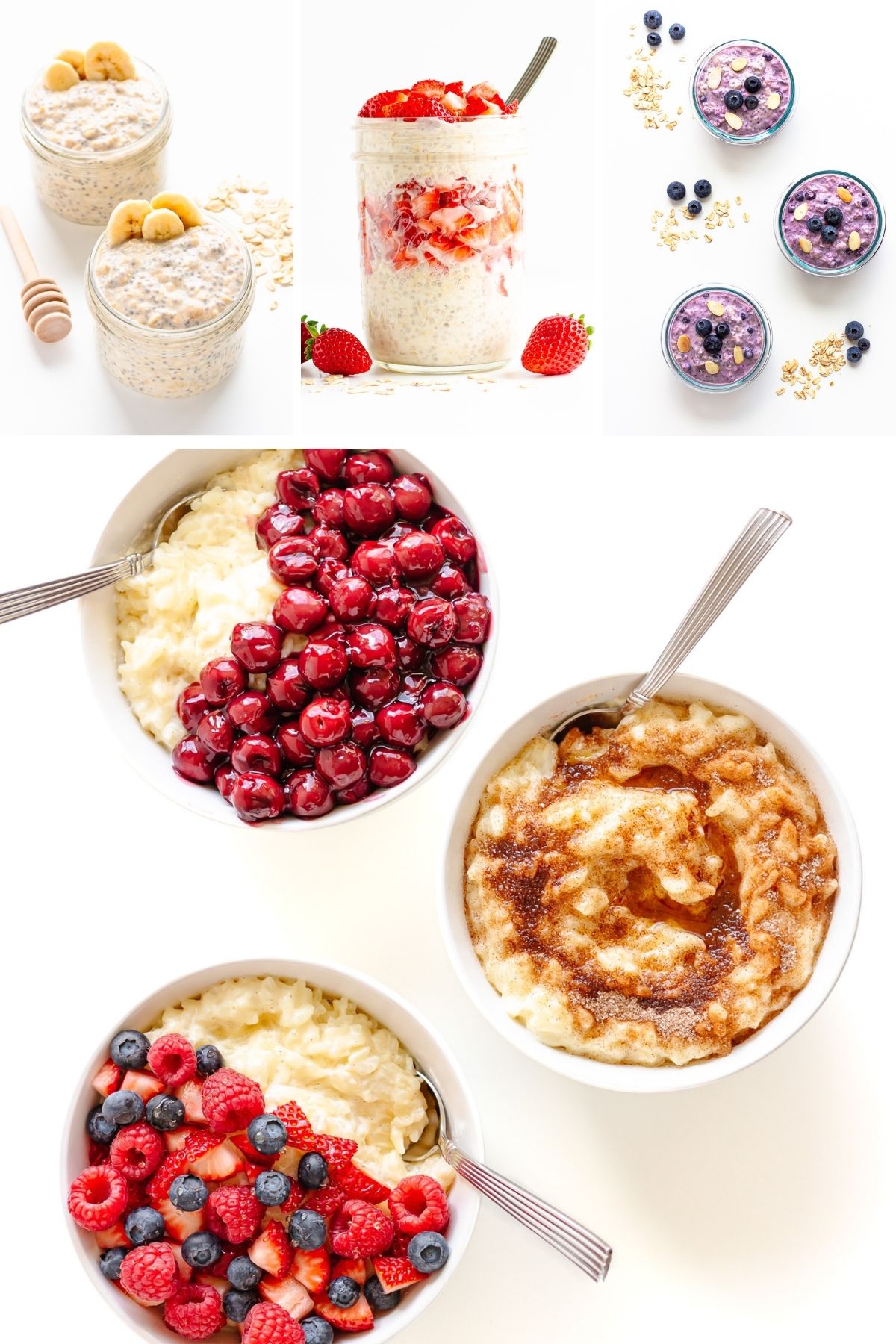 Photo collage featuring pictures of overnight oats and rice pudding.