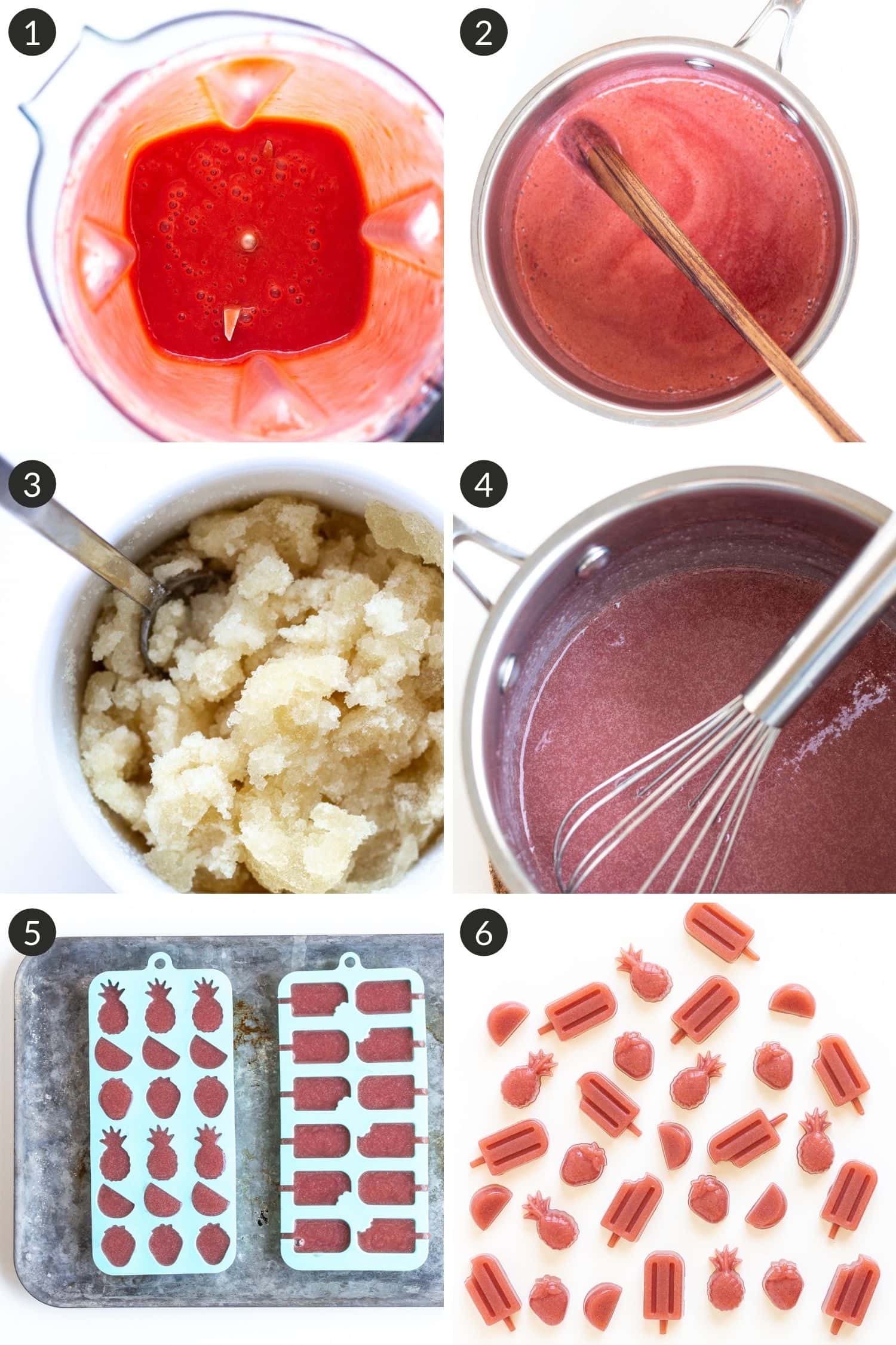 Collage of photos showing how to make healthy strawberry gummies.