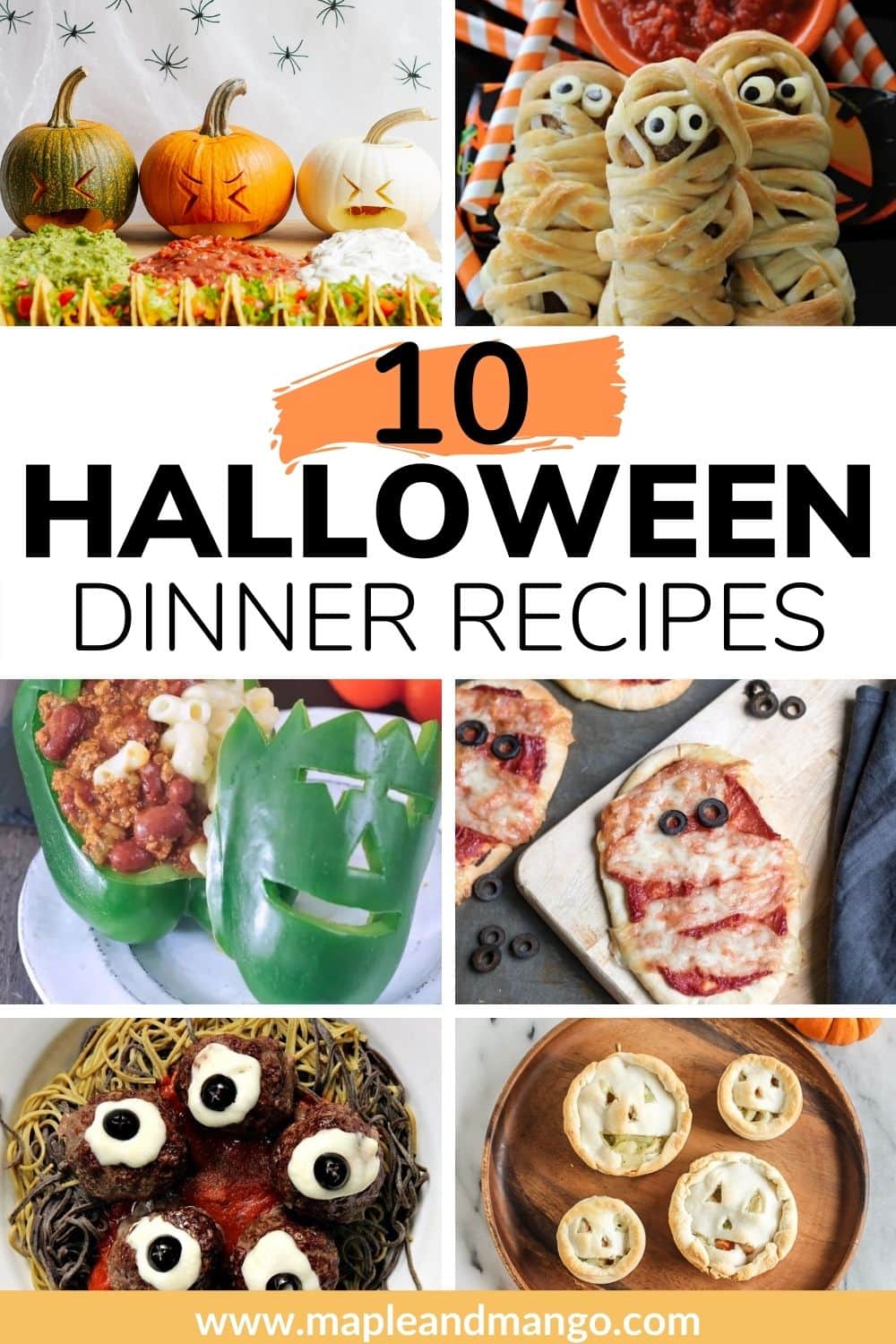 Pinterest photo collage image with text overlay "10 Halloween Dinner Recipes"