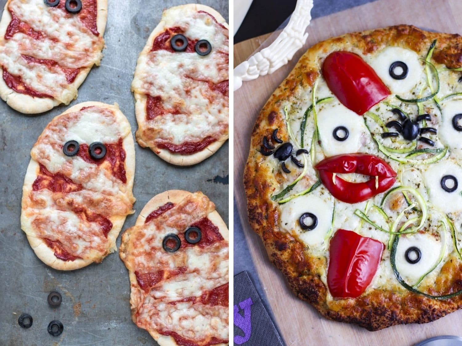Collage of two Halloween themed pizza ideas.