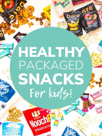 Collage of packaged snacks with text overlay "Healthy Packaged Snacks For Kids"