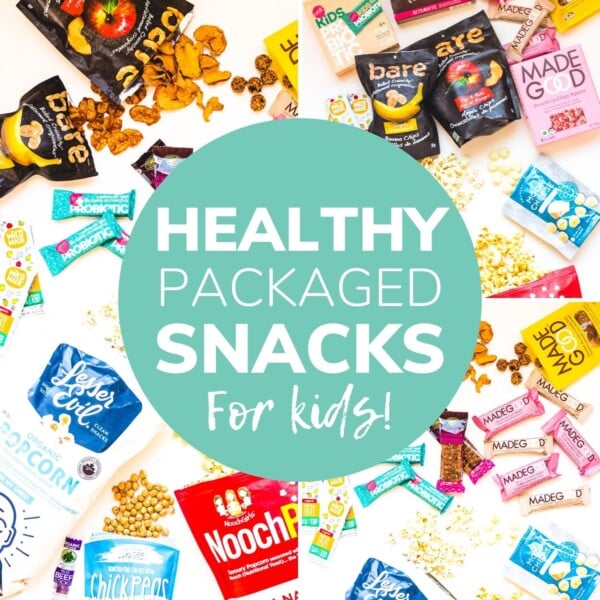 Collage of packaged snacks with text overlay "Healthy Packaged Snacks For Kids"