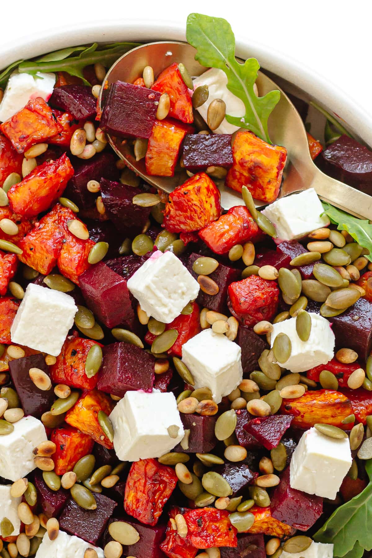 Salad with roast pumpkin, beets, feta, arugula, pine nuts and pepitas.