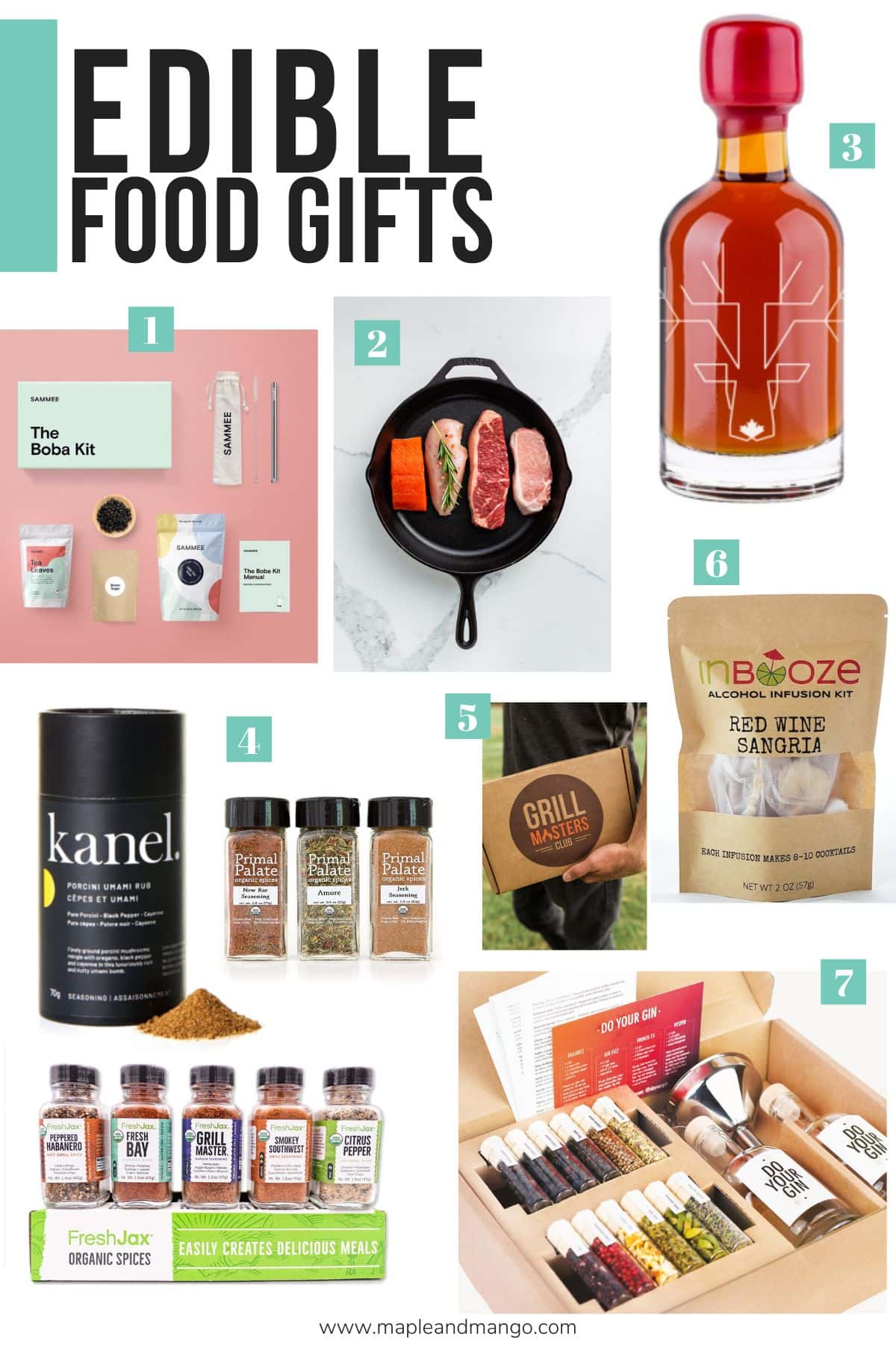 Numbered photo collage of edible food gifts that would make great gifts for a foodie.