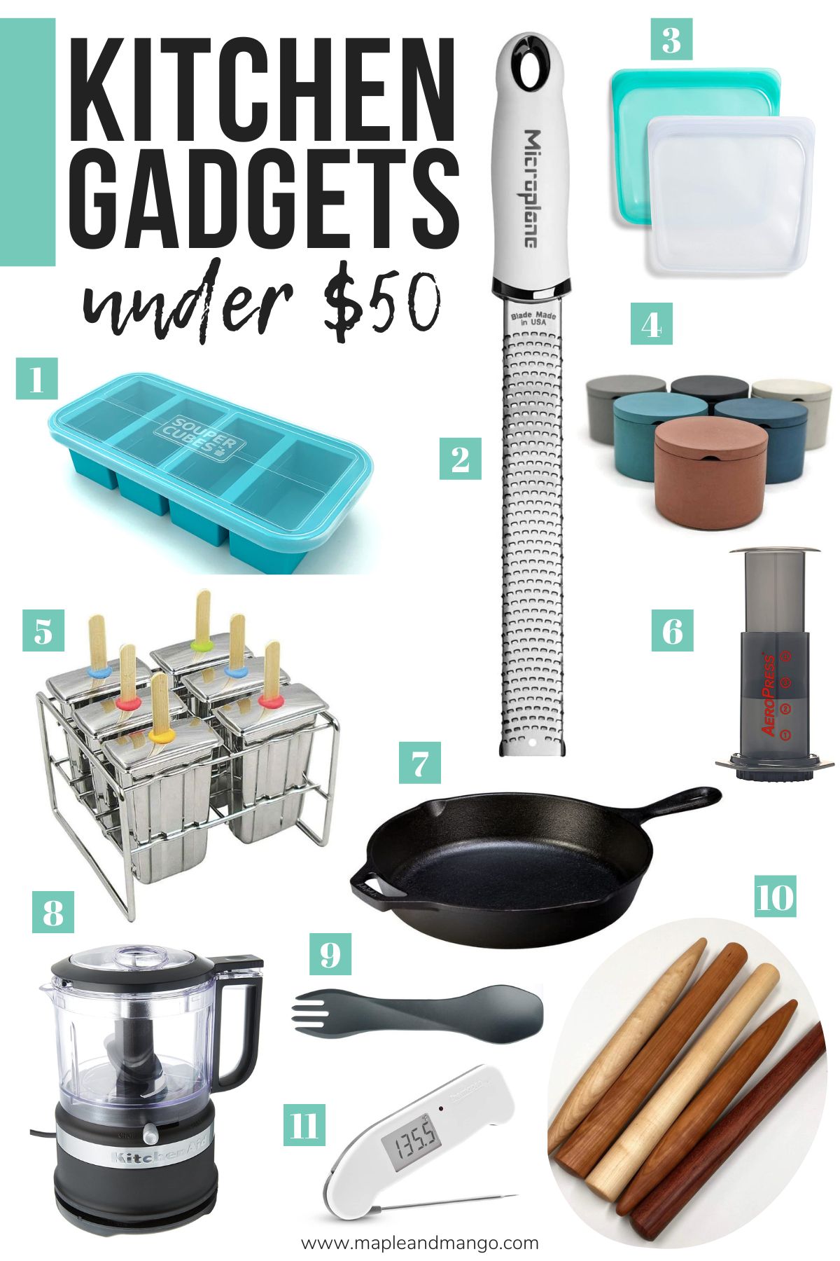 Numbered photo collage of kitchen gadgets under $50.