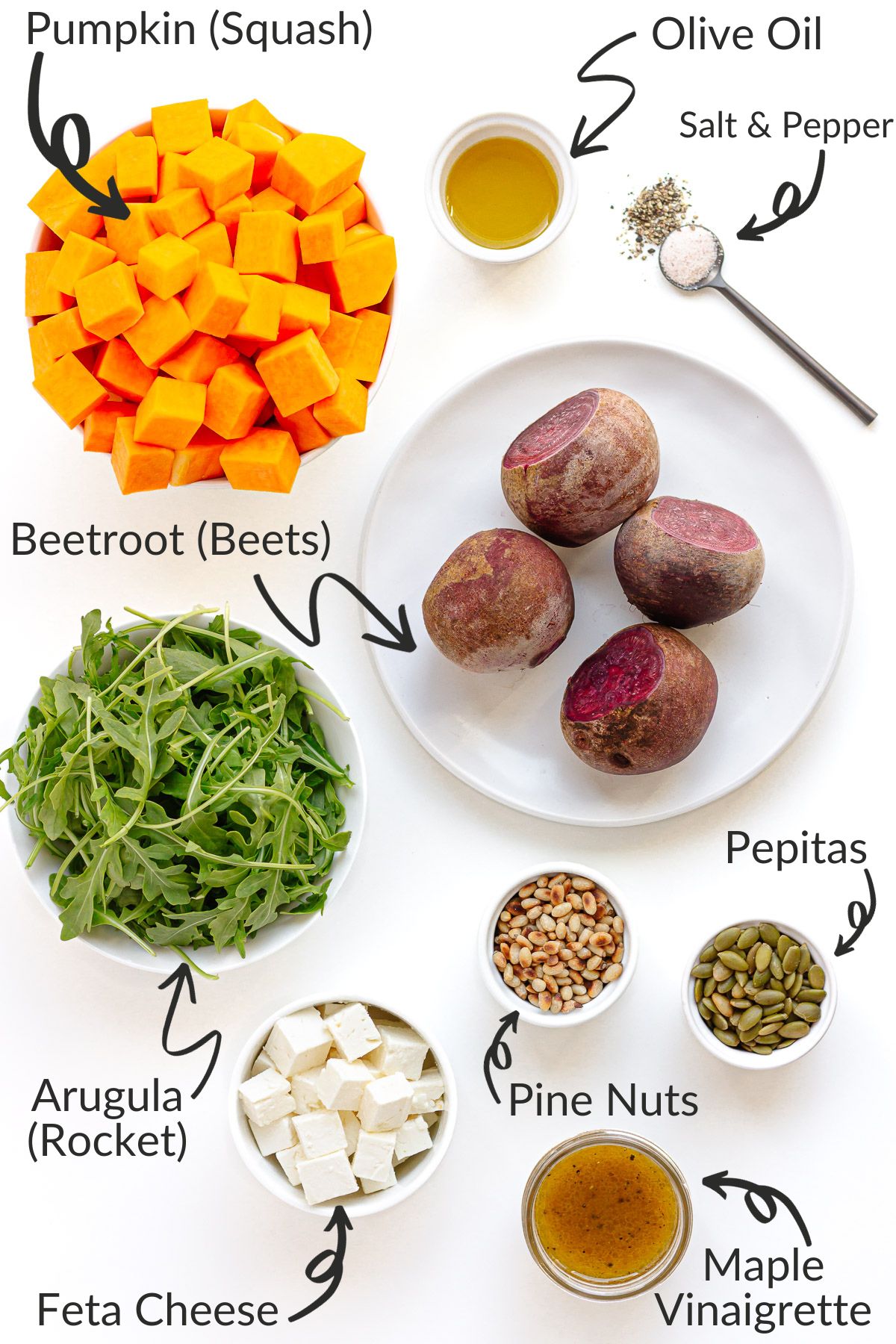 Labelled photo of ingredients needed to make roasted pumpkin and beetroot salad.