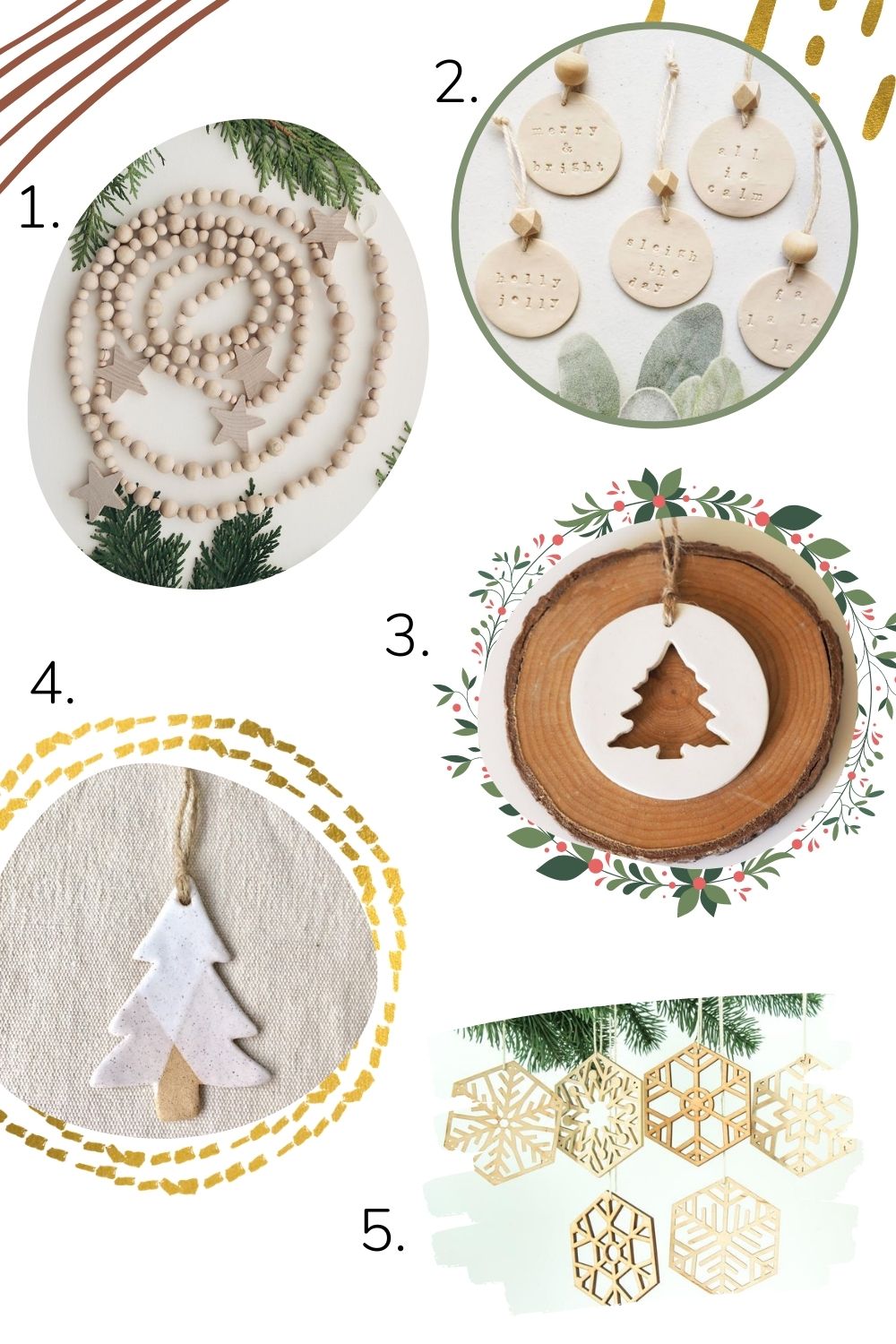 Collage of handcrafted minimalist Christmas ornaments and tree decorations.