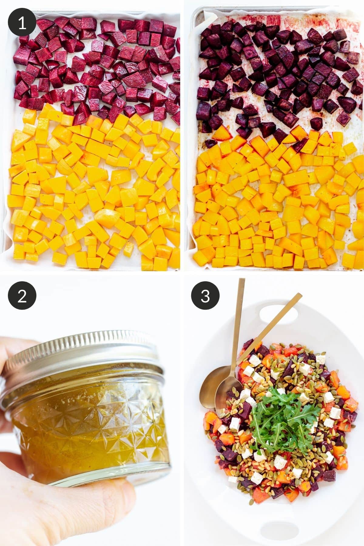 Photo collage showing how to make a roasted pumpkin and beetroot salad step by step.