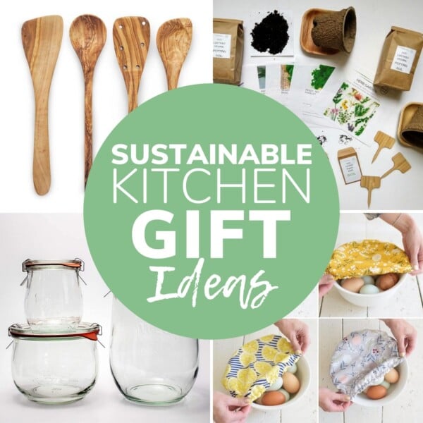 Collage of sustainable kitchen items with text overlay "Sustainable Kitchen Gift Ideas"