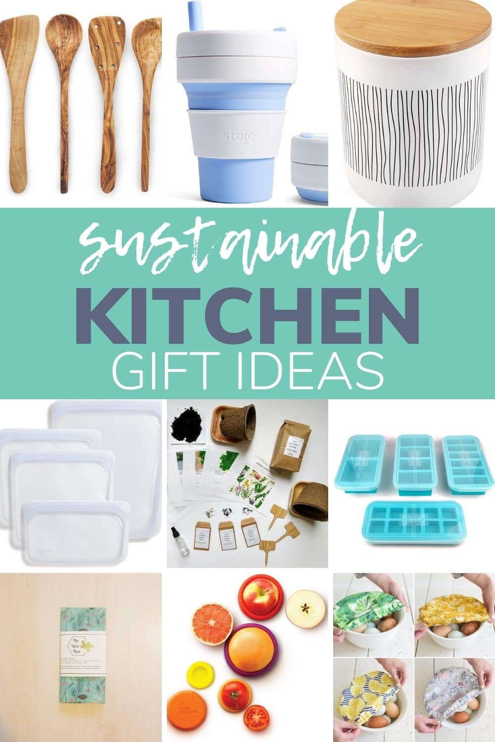 Collage of eco-friendly kitchen products with text overlay "Sustainable Kitchen Gift Ideas"