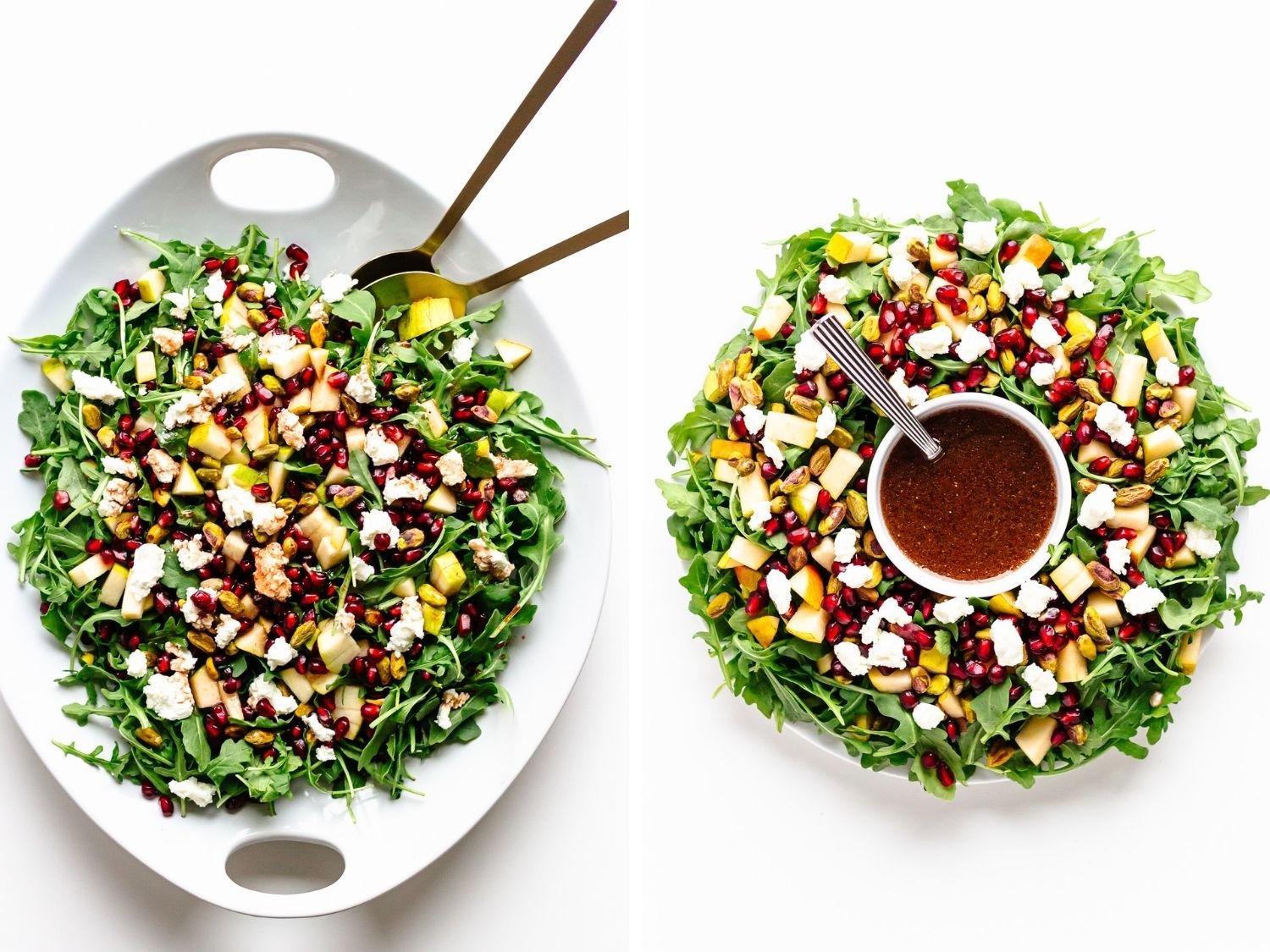 Collage showing two ways to present a Winter Holiday Salad (on a platter and in a wreath shape).