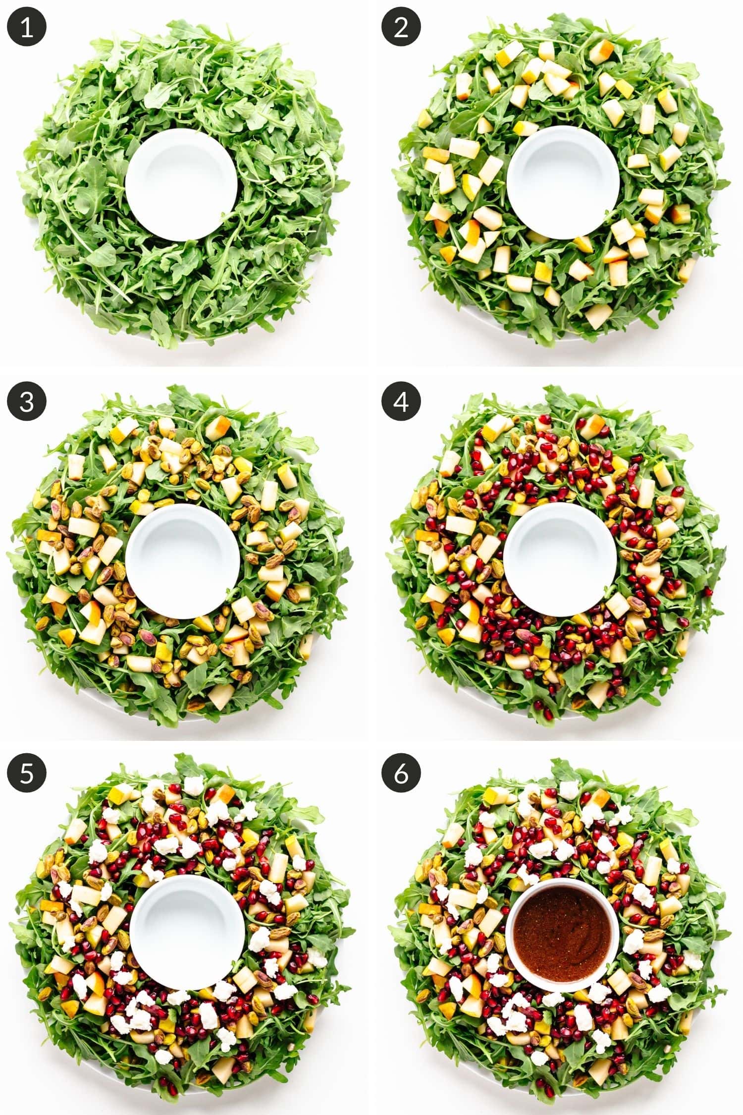 Step by step photos showing how to make a Christmas wreath salad.