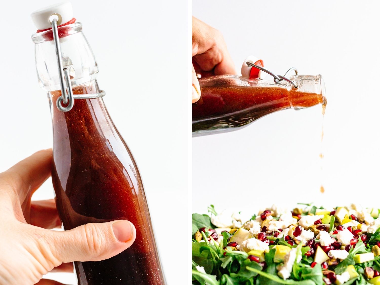 Collage of two photos: hand holding glass bottle of pomegranate vinaigrette and vinaigrette being poured over a salad.