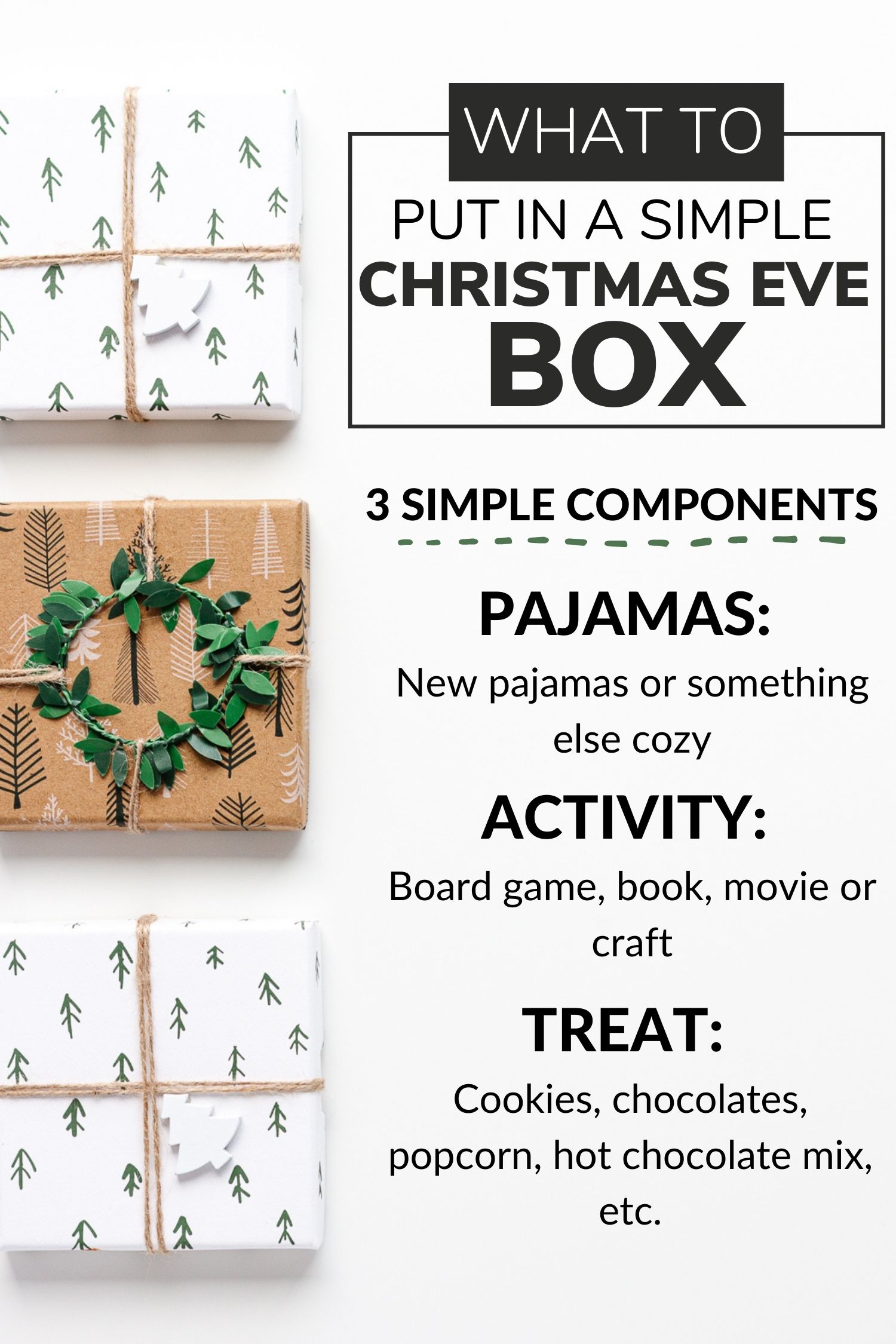 Infographic describing what to put in a simple Christmas Eve box.