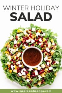 Overhead photo of a Christmas wreath salad with text overlay "Winter Holiday Salad"