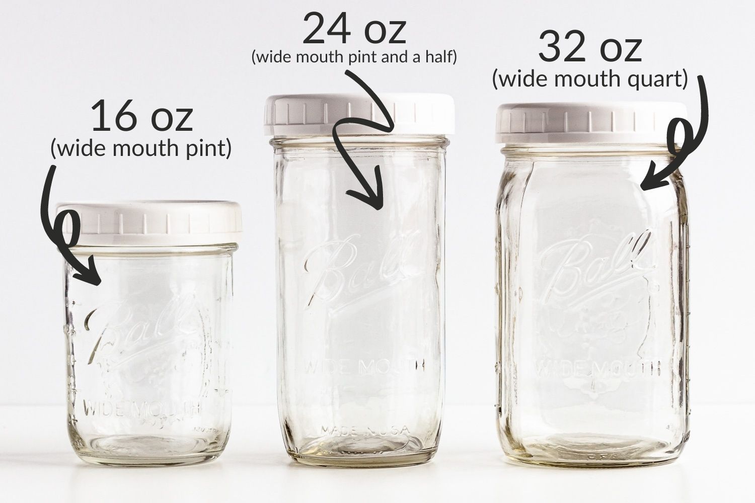 Graphic showing 16 oz, 24 oz and 32 oz mason jars with plastic lids.