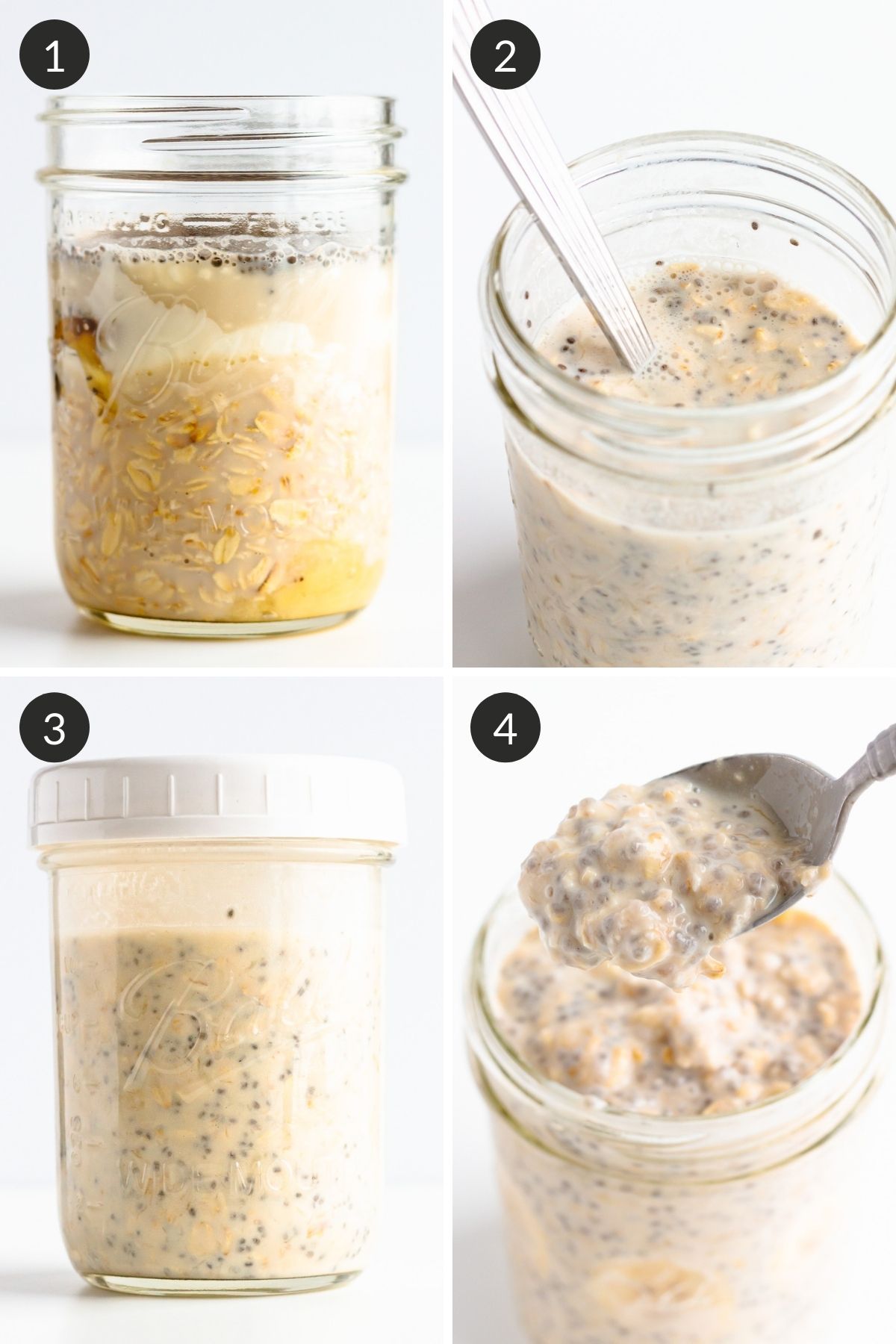 Step by step collage showing how to make banana overnight oats in a jar.
