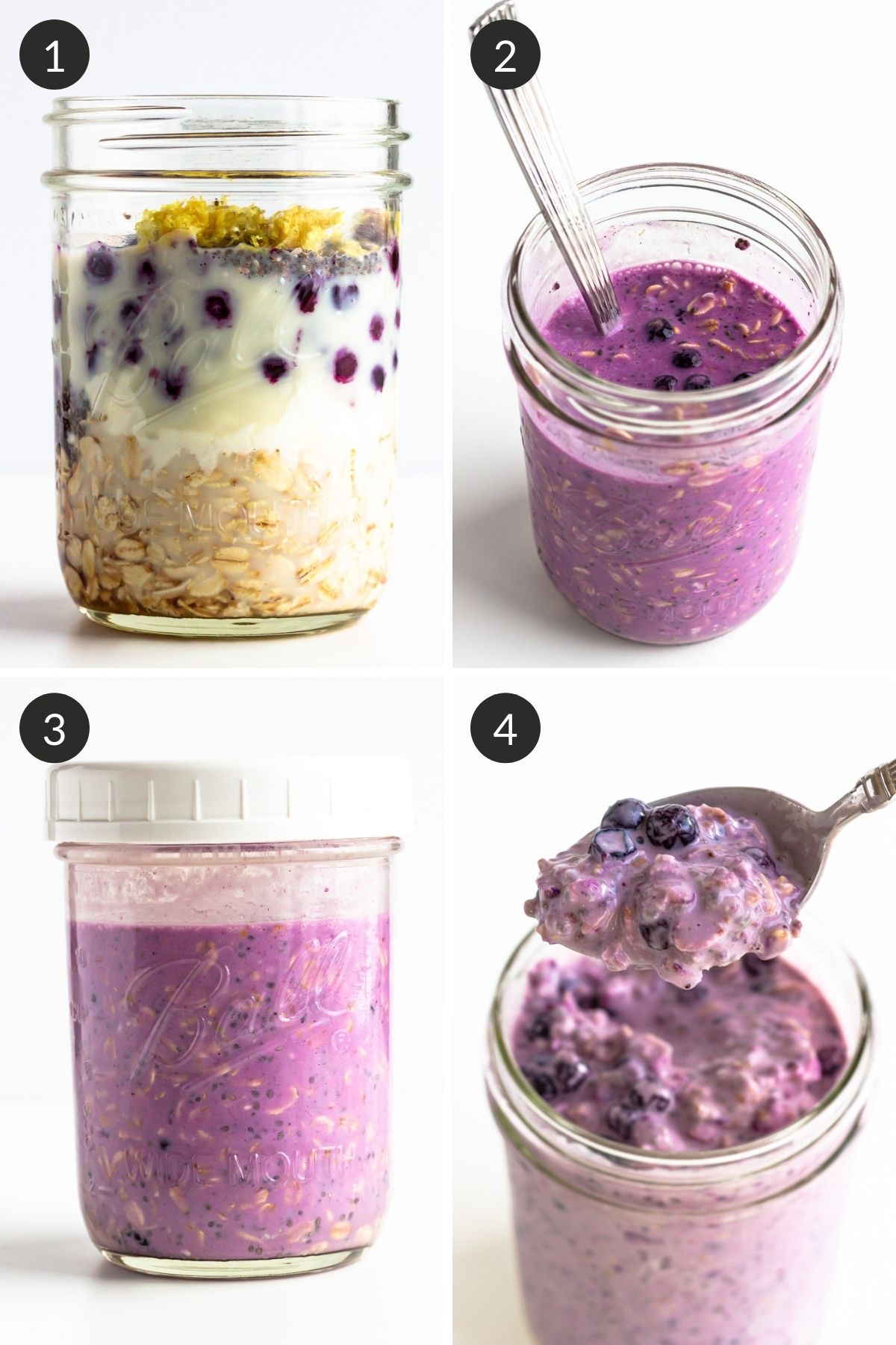 Photo collage showing step by step how to make blueberry overnight oats.