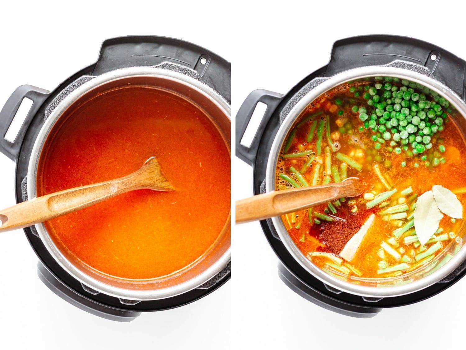 Photo collage showing ingredients being added to the Instant Pot for vegetable soup.