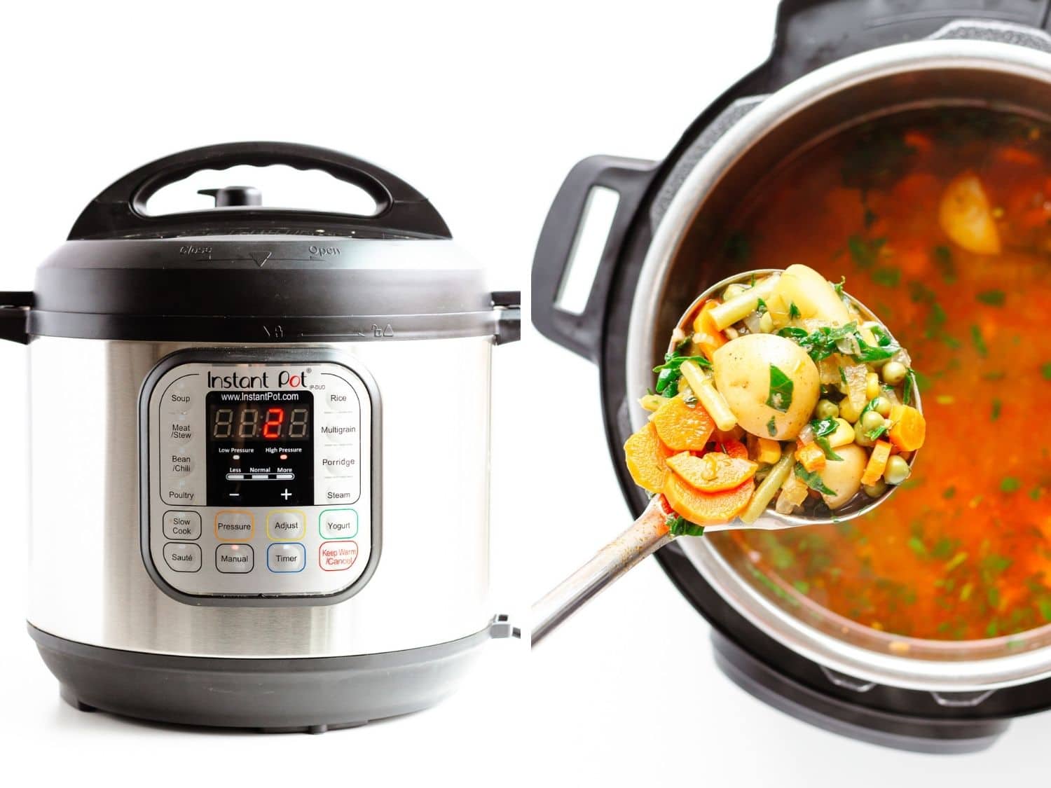 Photo collage showing Instant Pot and vegetable soup inside.