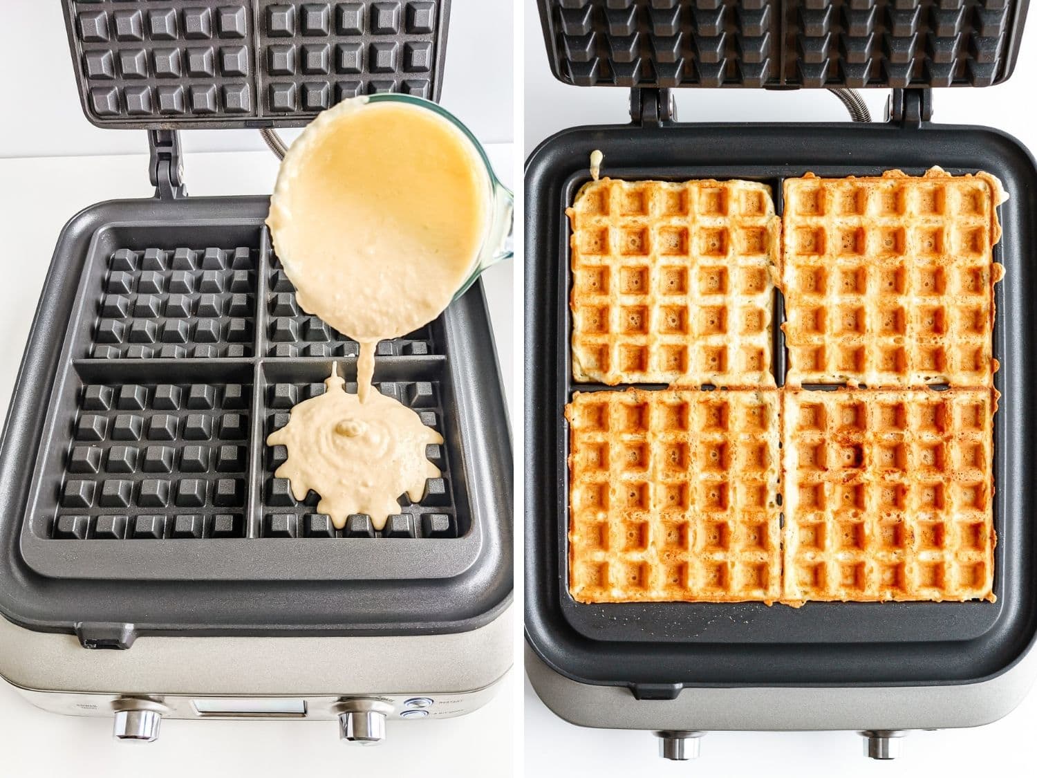 Collage showing waffle batter being cooked in a waffle iron.