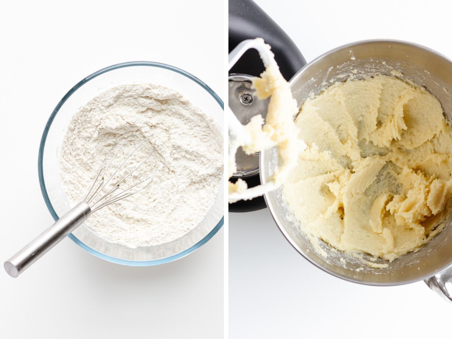 Photo collage showing dry ingredients being whisked together in a bowl and butter and sugar being creamed in a mixer.