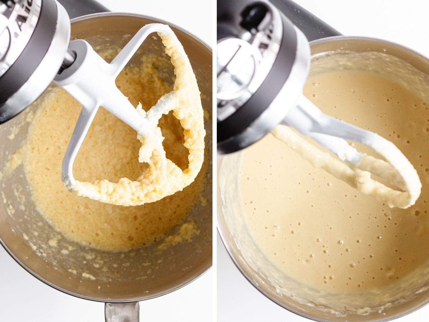 Waffle batter being mixed in a stand mixer.
