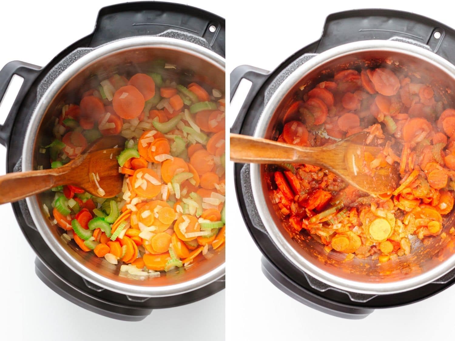 Photo collage showing vegetables being sautéed in the Instant Pot for soup.