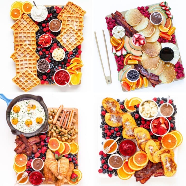 Collage of four different breakfast charcuterie board ideas.