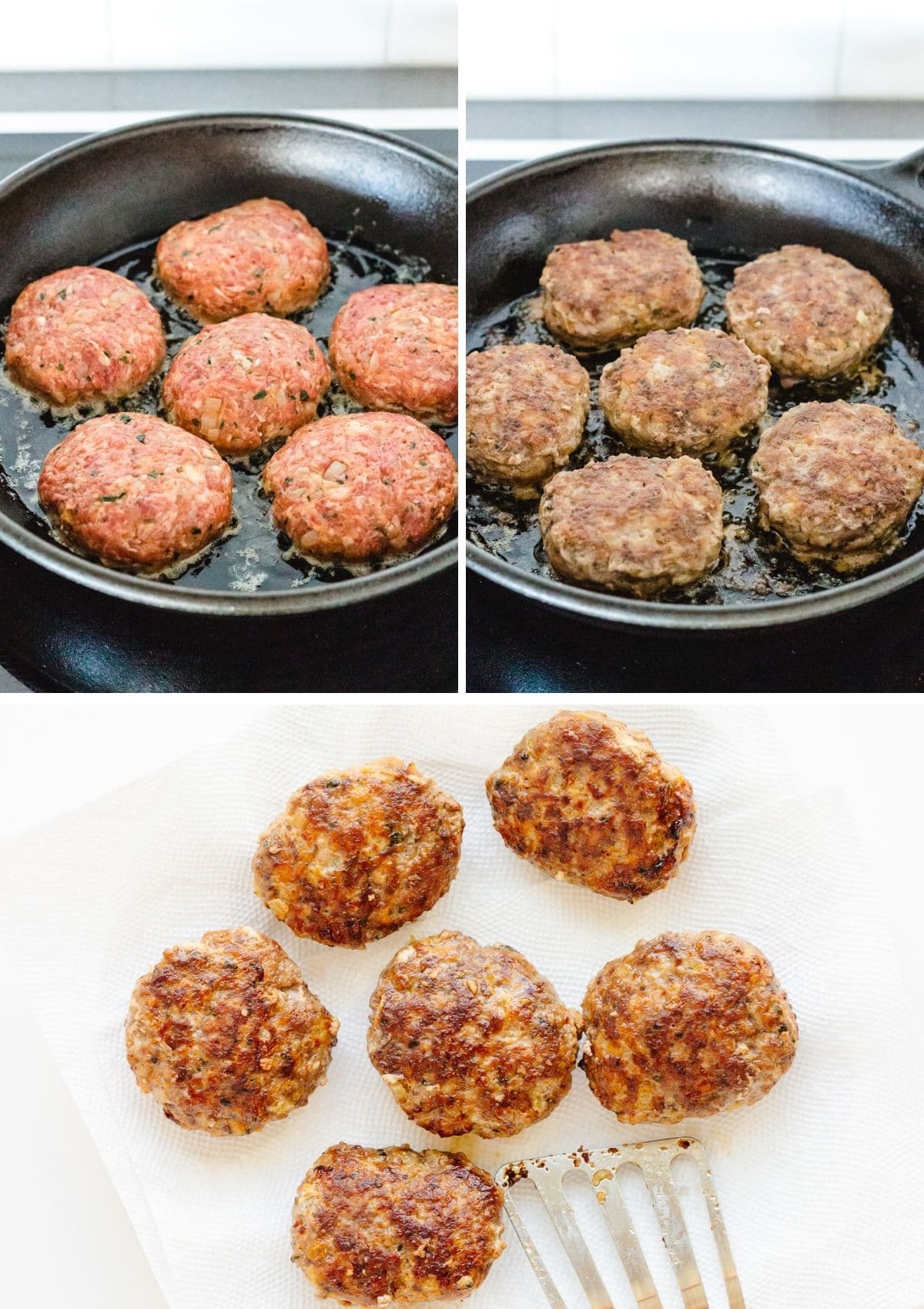 Collage showing frikadellen being pan-fried on both sides in a cast iron skillet and resting on a plate lined with paper towel.