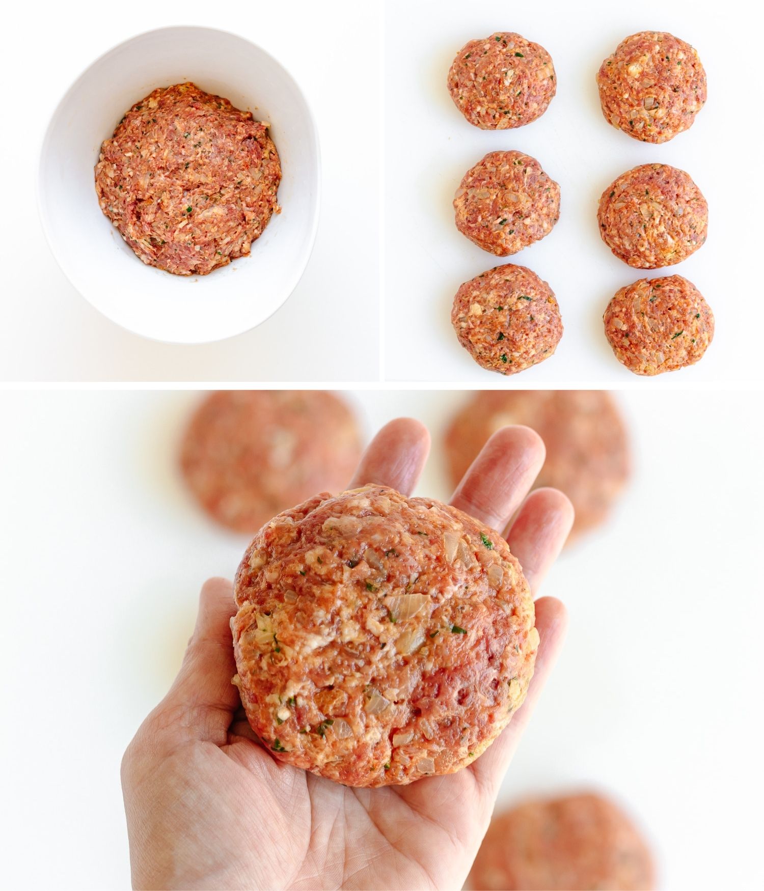 Collage showing frikadellen meat mixture combined in a bowl and shaped into six meat patties.