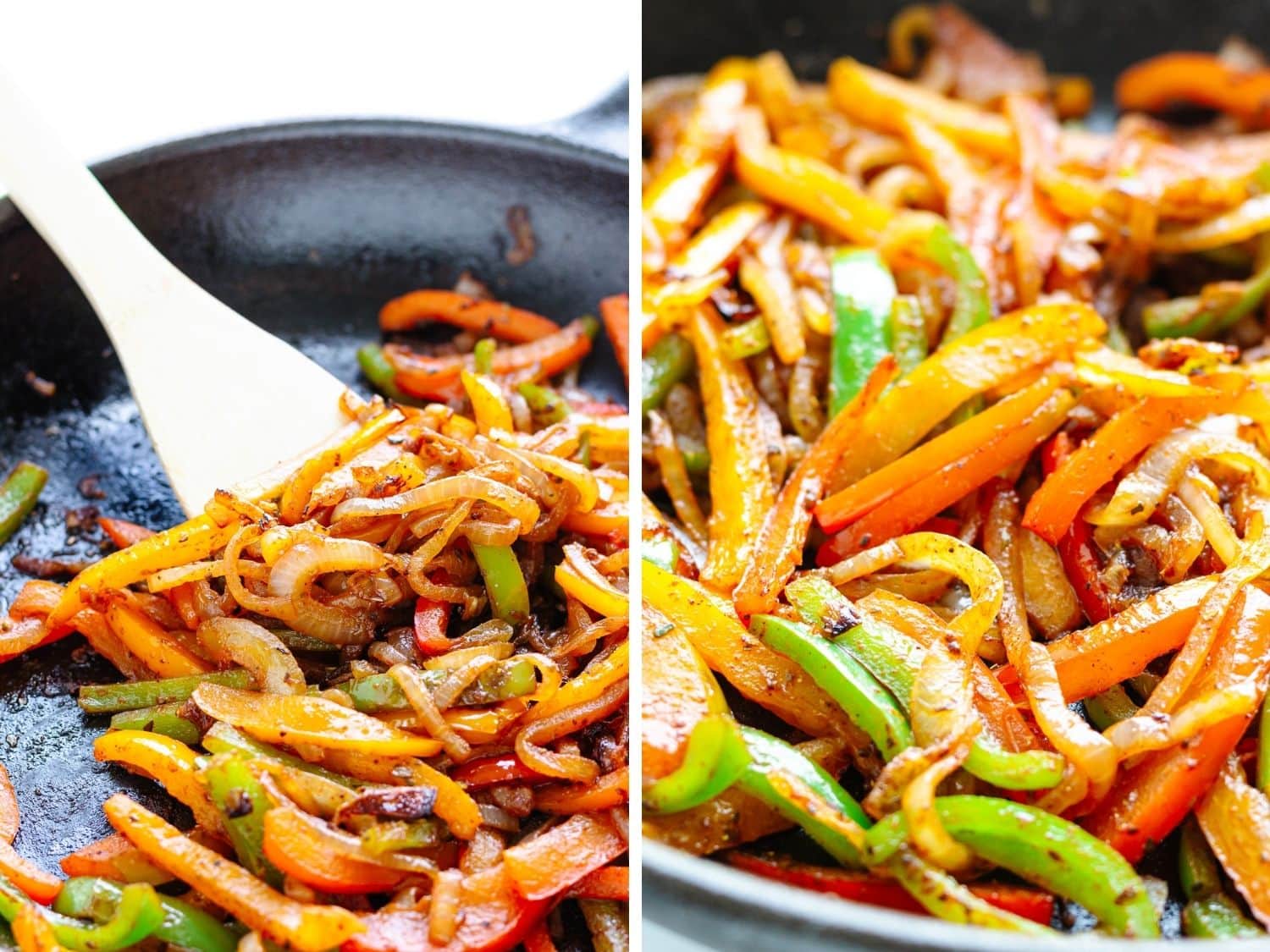 Collage of two photos showing fajita vegetables being cooked in a cast iron pan.