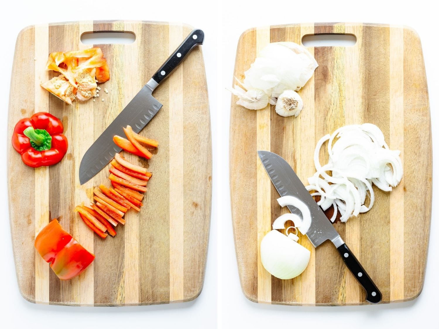 Collage showing a red pepper and an onion being sliced into strips on a wooden cutting board.