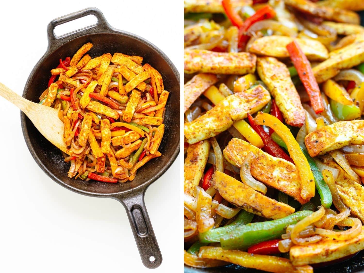 Collage showing halloumi vegetable fajita mixture being stirred in a cast iron skillet and a closeup.