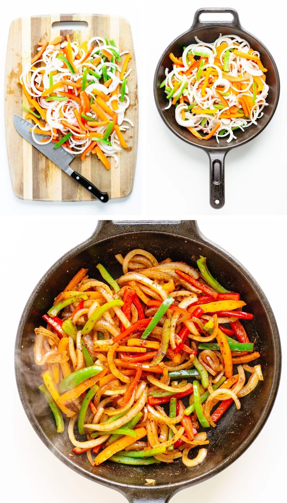 Collage of photos showing fajita veggies being made from sliced peppers and onions on a chopping board to being sautéed in a cast iron skillet.