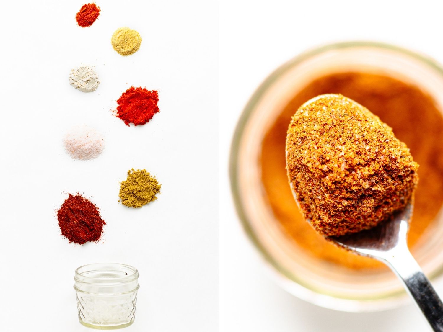 Photo collage showing little piles of the spices needed to make fajita seasoning and a spoon lifting the mixed seasoning out of a jar.