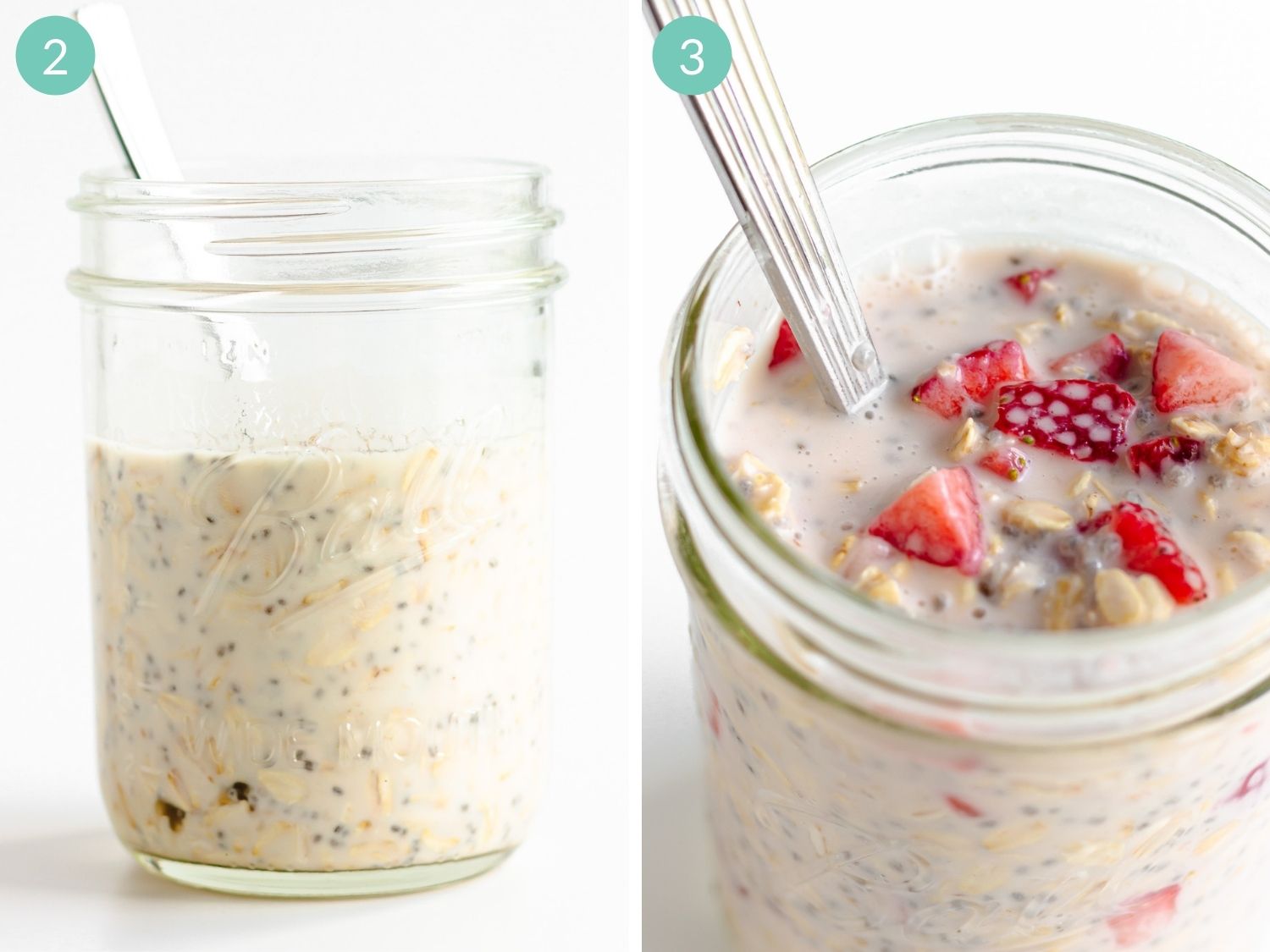 Collage showing overnight oats mixture being stirred in a jar and strawberries added in.