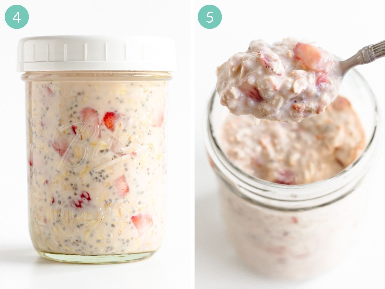 Collage showing strawberry overnight oats mixture sealed in a jar and a spoonful lifting out once finished soaking.